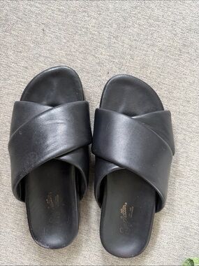 Seychelles Black Crisscross Slide Mules